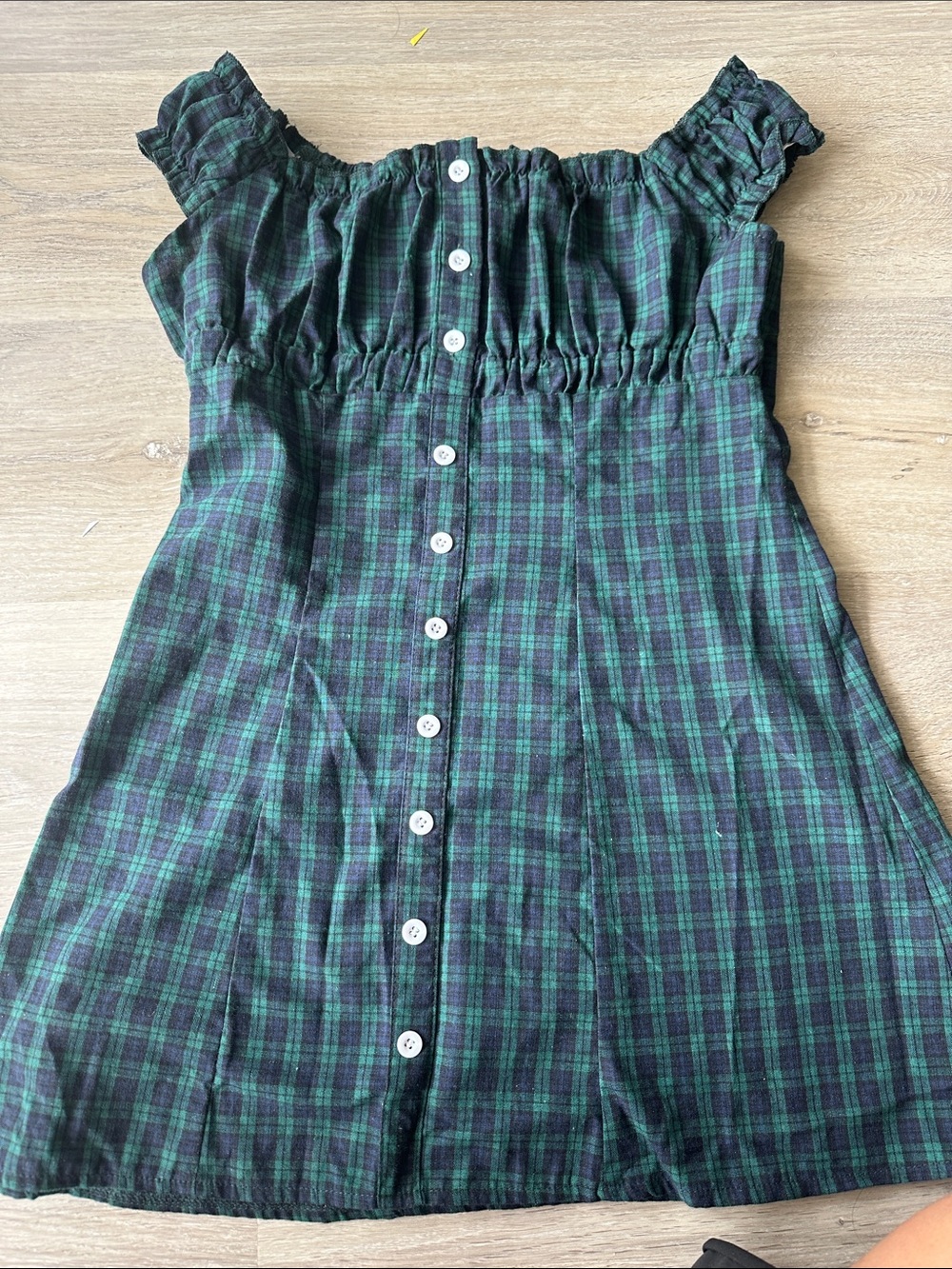 Green Plaid Off-Shoulder Kids Dress